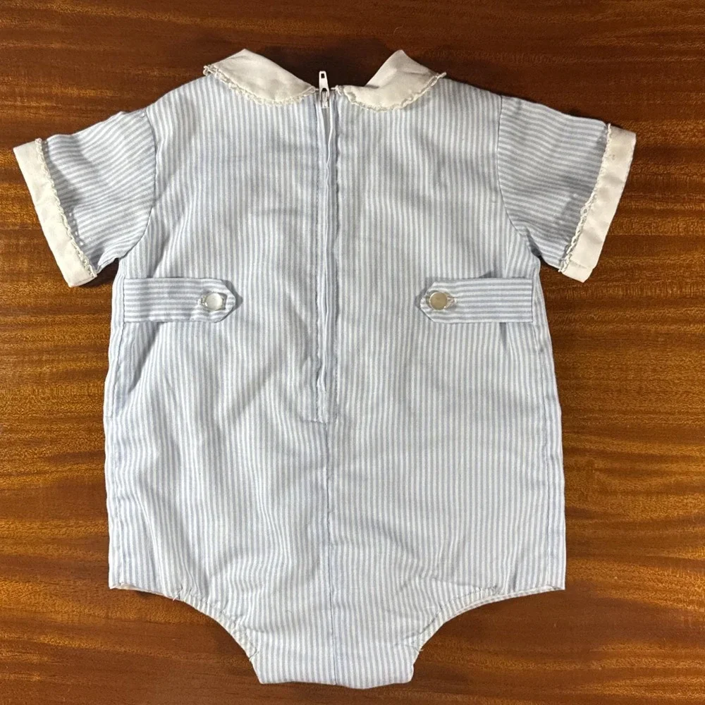 Vintage Jayne Copeland Baby Boy Romper 6M Blue Pinstripe Balloon Peter Pan Colla